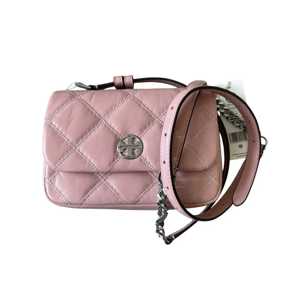 Tory Burch Willa Glazed Mini Belt Bag Crossbody Pink Rose Sachet Leather OS New